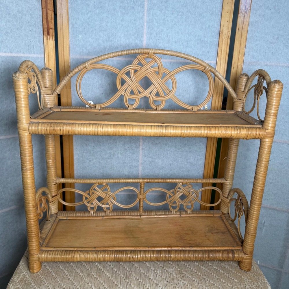 Vintage Wicker Rattan Wall Shelf Small Tan Boho Celtic Knot 2 Tier Floating